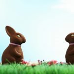 Two chocolate Easter bunnies one with half of ear bitten off