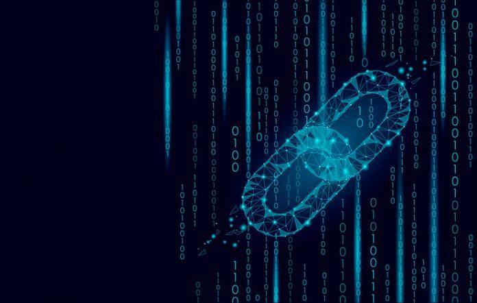 Blockchain cryptocurrencies global network technology e-commerce business management. Link chain internet low poly. Polygonal geometric particle. Innovation binary code background vector illustration blockchain