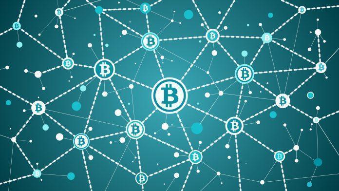 Bitcoin crypto currency and blockchain on blue background bitcoin transactions and blocks cryptojacking