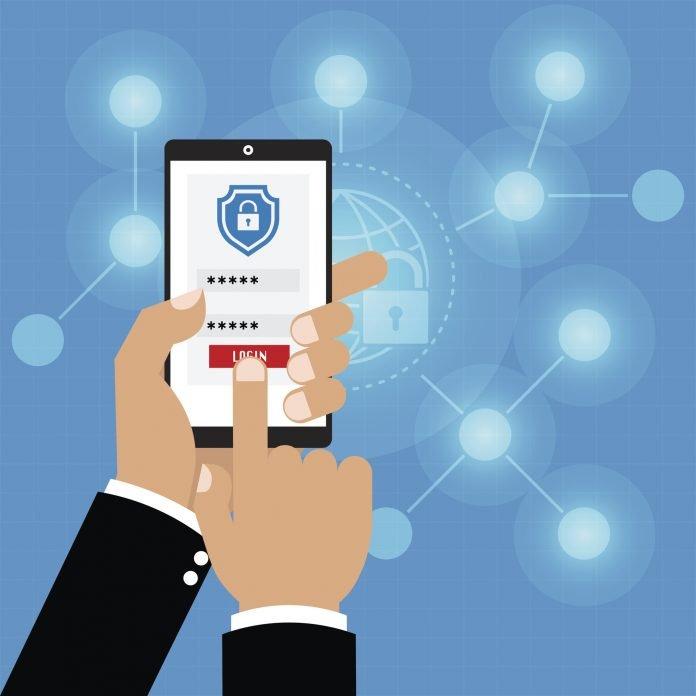 Authentication with phone security key and password login. Vector illustration muti factor authentication cyber security concept.