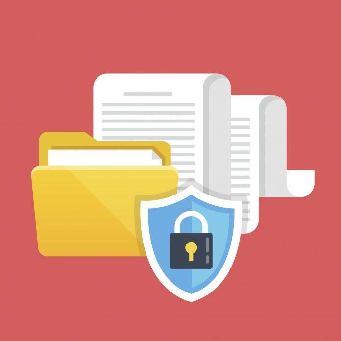 Data protection, file security and access rights concepts. Folder, documents and shield with lock icon. Modern flat design vector illustration california privacy