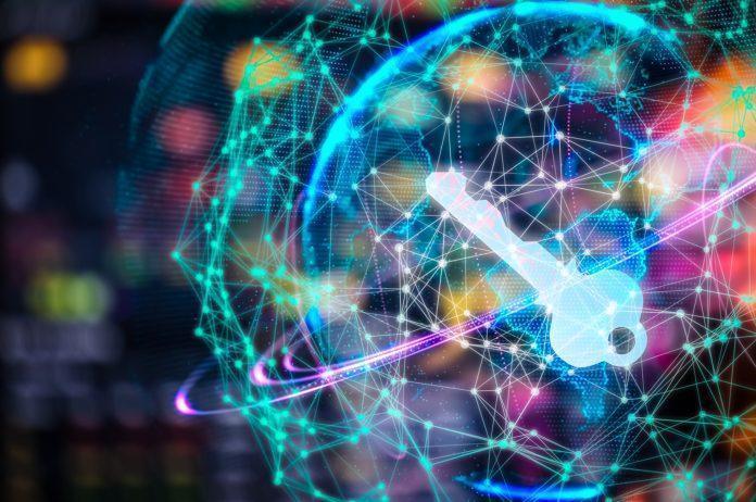 Cyber security concept businessman Lock on digital screen, contrast, virtual screen with a consultant doing presentation in the background Closed Padlock on digital, cyber security, key WannaCrypt Hacked on the way to the cloud