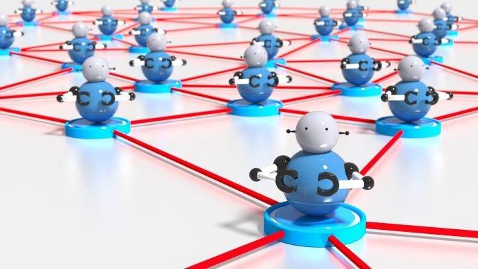 Network of platforms with bots on top botnet cybersecurity concept