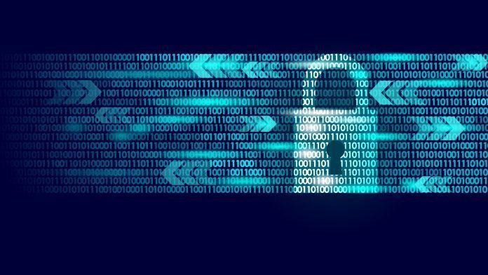 Digital lock guard sign binary code number. Big data personal information safety technology closed padlock. Blue glowing abstract web internet electronic payment vector illustration Security policy