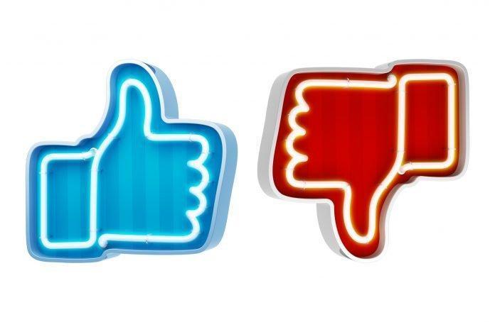 Neon button like and dislike on a white background. 3d render