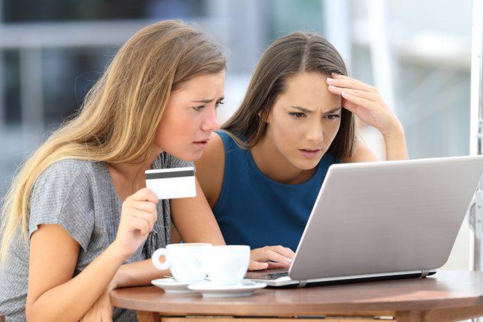 Worried women having problem buying on line ID Theft Awareness