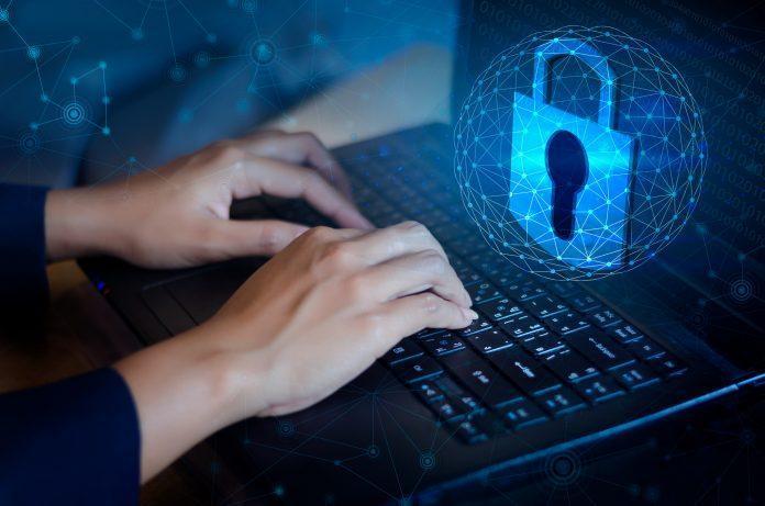 Press enter button on the computer. Key lock security system abstract technology world digital link cyber security on hi tech Dark blue background, Enter password to log in. lock finger Keyboard cybersecurity