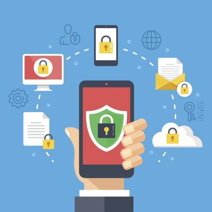 Mobile security, data protection concept. Hand holding smartphone, shield lock icon. Modern flat design graphic elements, thin line icons set. Vector illustration iPhone hack