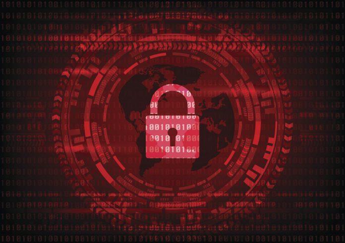 Malware Ransomware virus encrypted files and show key lock with world map on binary code and gear background. Vector illustration cybercrime and cyber security concept. Cyber Risk