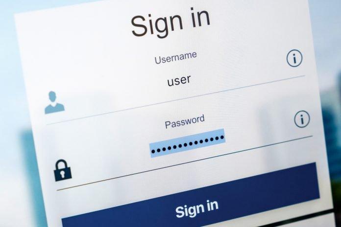 Login screen. Username and password in Internet browser on computer screen Facebook