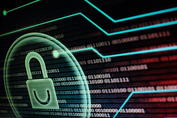 computer monitor screen displaying padlock symbol in a circular light bubble. binary code data bits background. red and blue colour. cyber security concept. Amazon Data Breach