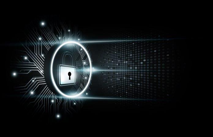 Padlock with security lock hologram, futuristic technology background, vector illustration Government Shutdown