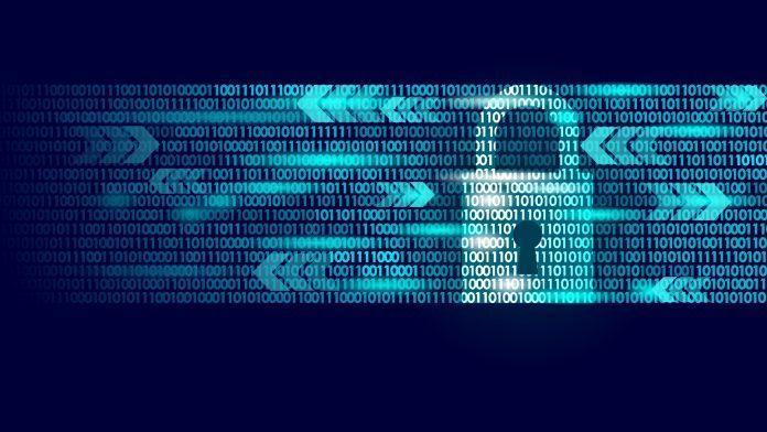 Digital lock guard sign binary code number. Big data personal information safety technology closed padlock. Blue glowing abstract web internet electronic payment vector illustration cybersecurity